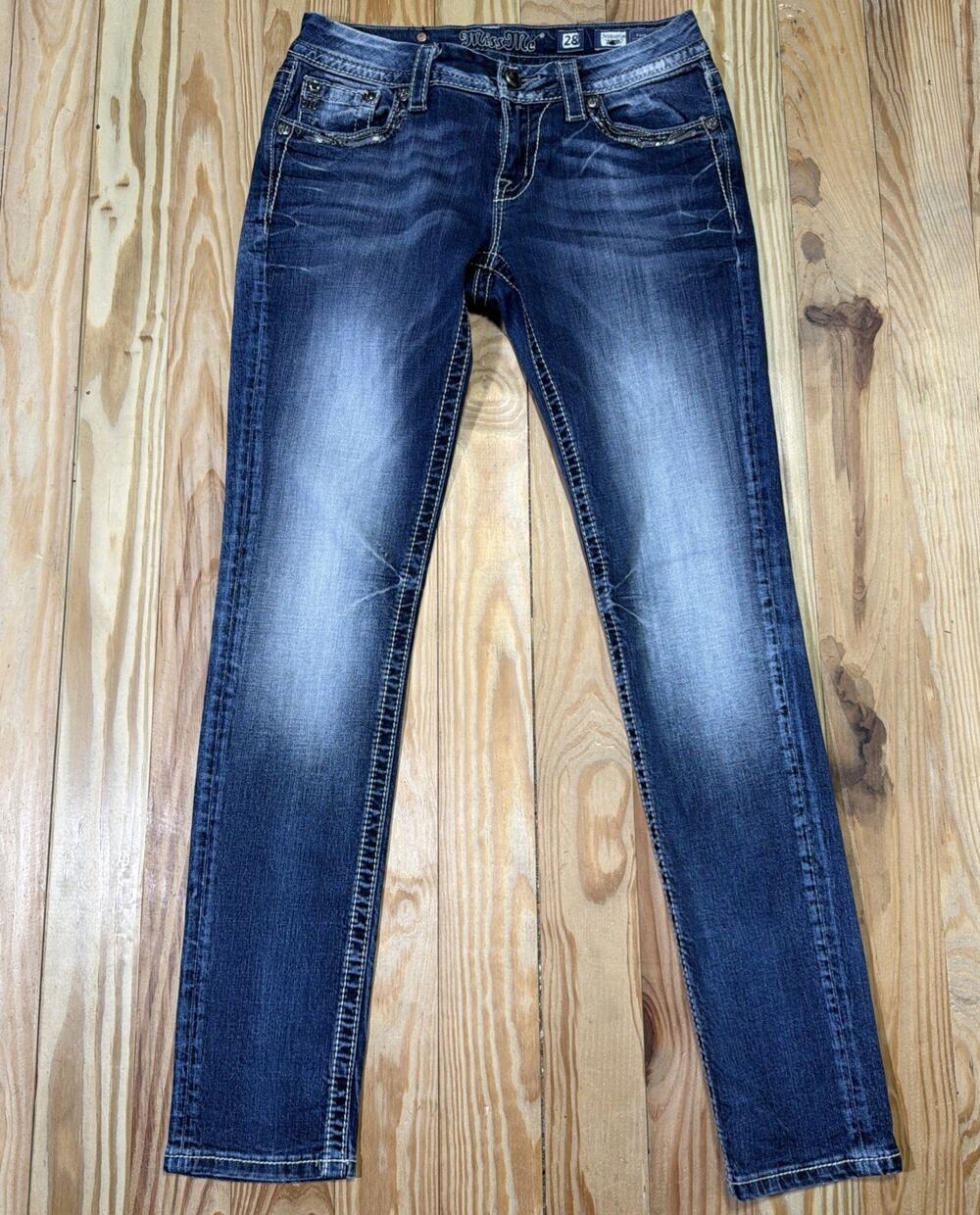Miss Me Jeans Womens Size 28 Skinny Leg Low Rise Stretch Denim Flap Pockets Rock